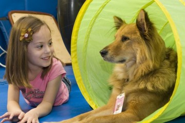 Little girl with pet therapy dog