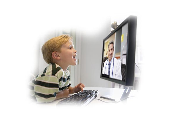 Boy engaged with physician via teleconference