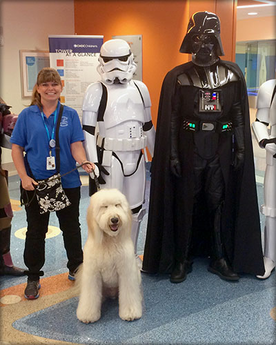 Wally poses his with owner Justine and Star Wars characters in hospital lobby.