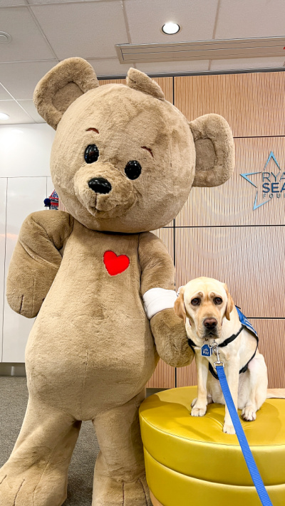 Choco Bear poses with Lois, CHOC's resident dog