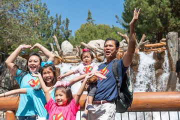 family dressed in matching shirts at disneyland
